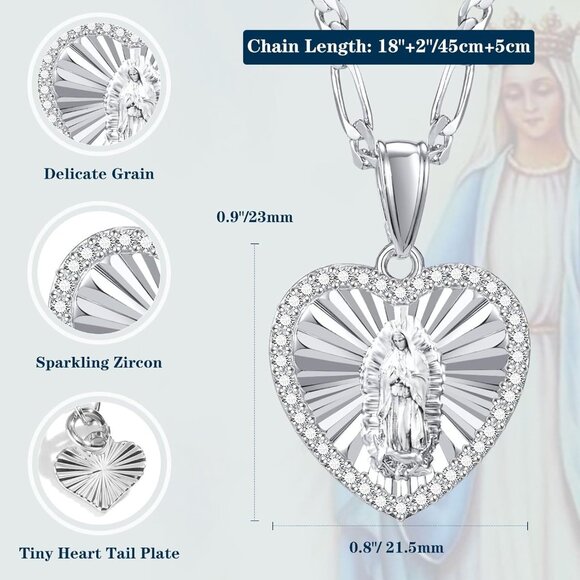 Catholic Virgin Mary Necklace 14K Gold Heart Zirconia Guadalupe Pendant Women - Picture 2 of 6